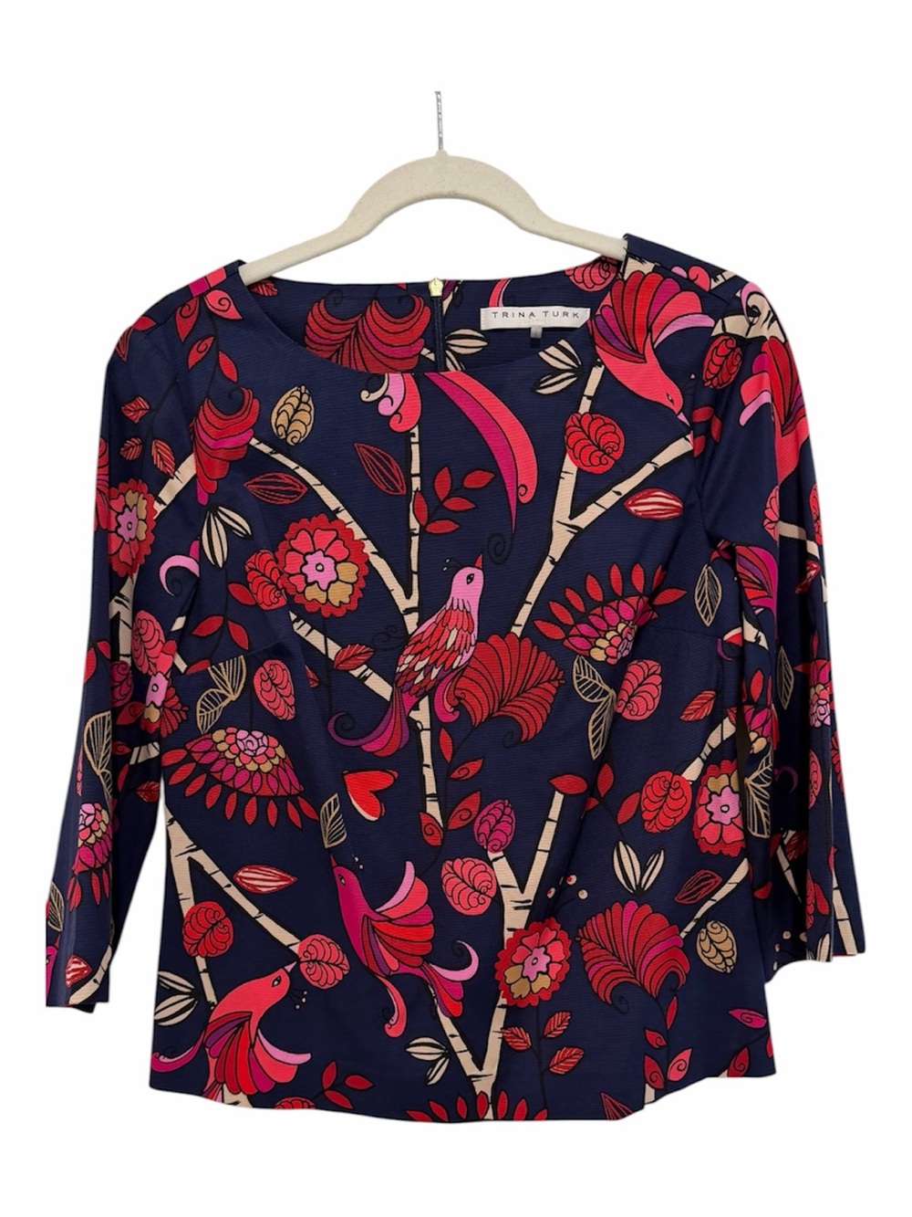 Trina Turk Navy Floral & Bird Print Long Sleeve Scoop Neck Top Size Small